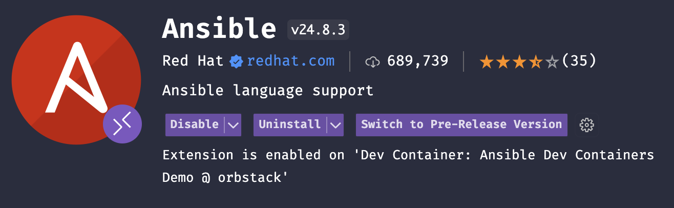 Dev Container Ansible extension